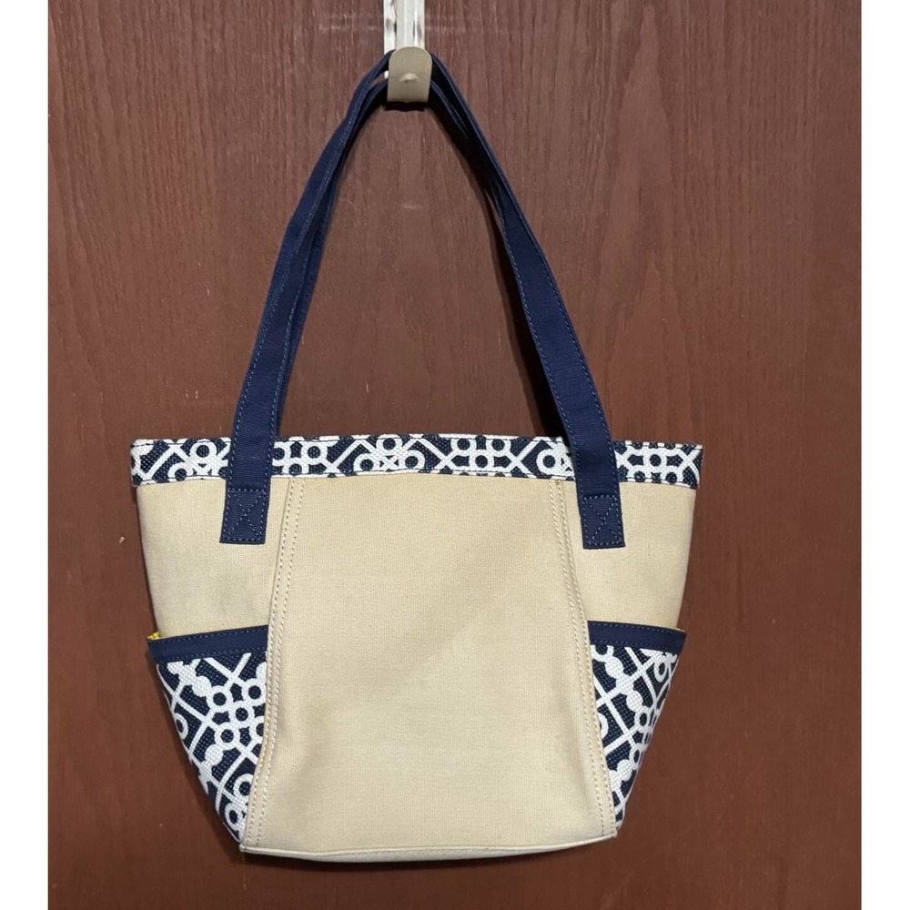 Spartina 449 Ivory Navy Blue Travel Double Handle Tote Purse Satchel TubH1